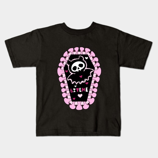 Cute Bite Me Bat Pink Coffin Kids T-Shirt by CandyCornSketches